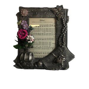 Ornate Metal Picture Frame Upcycled Jewelry Floral Embellished Vintage Inspired